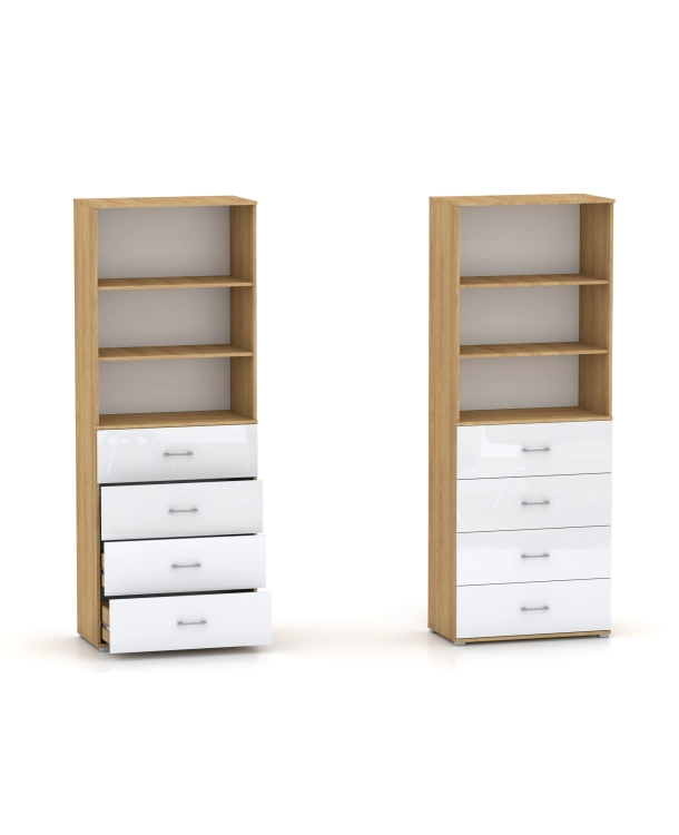 Regał Szafa POLA 215 4S3P - 4 szer. Biały mat połyk. Hikora Naturalna